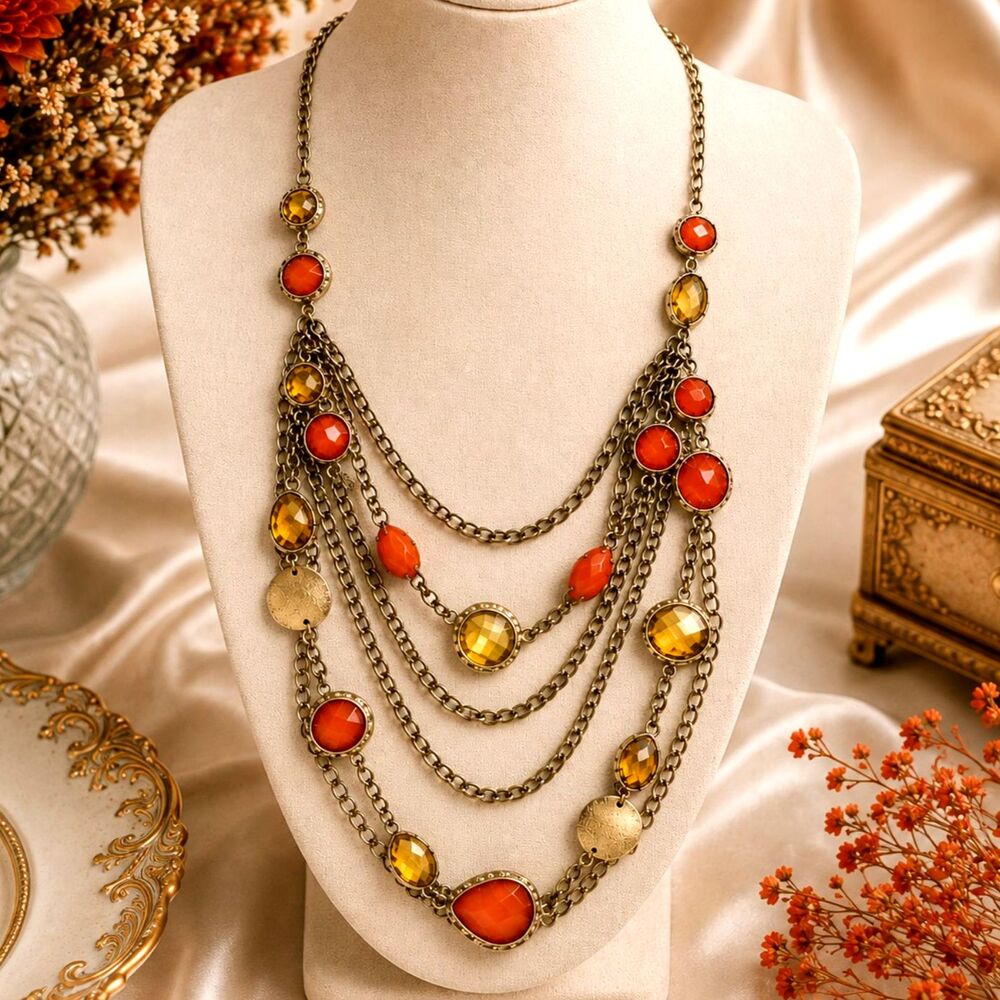 Gold Tone Orange Gold Faceted Station Multi Strand Statement Necklace 30"